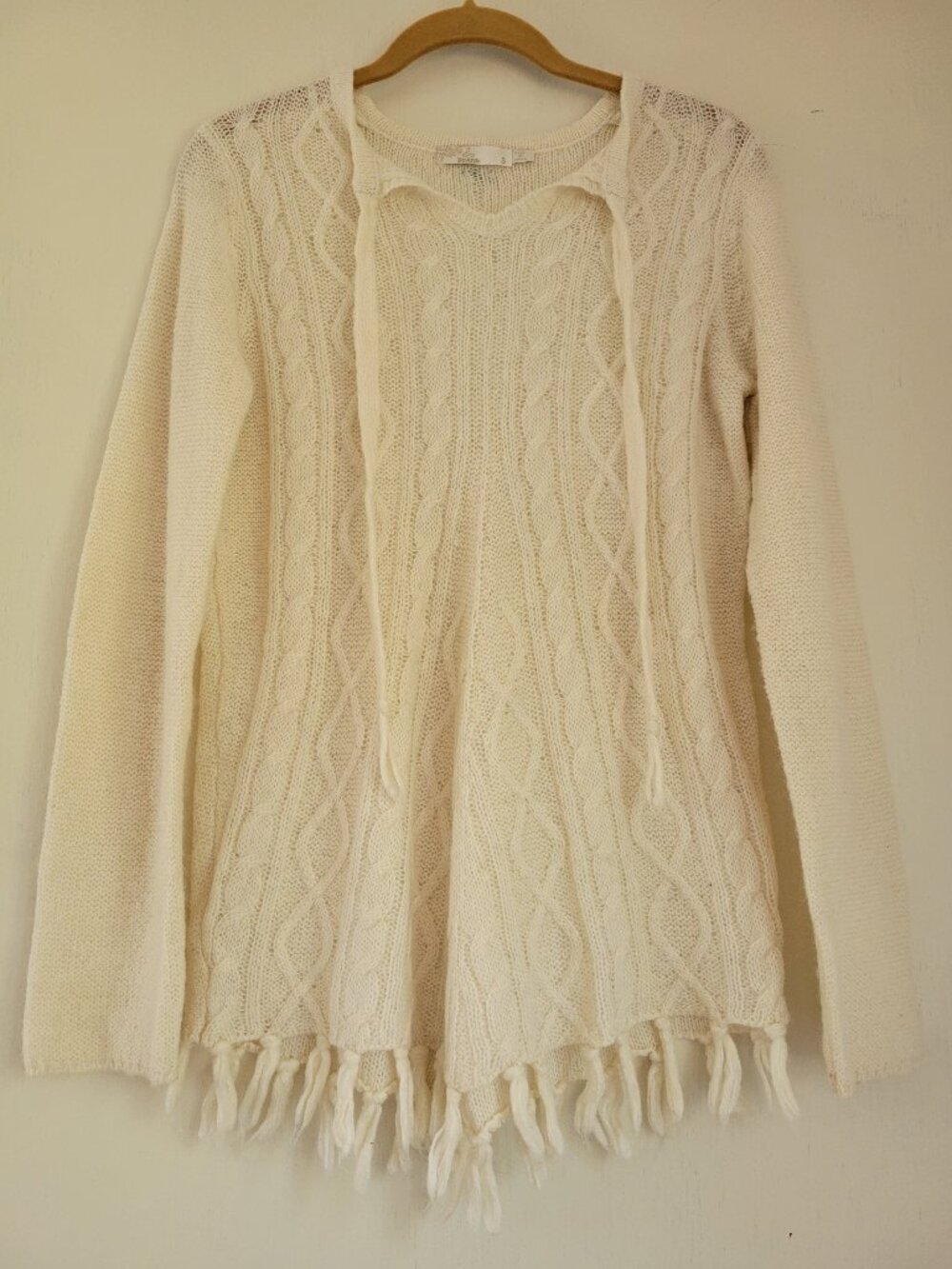 prAna Shelby Cable Knit Hooded Fringe Sweater Boho Cream Fall Cottagecore Small - Picture 3 of 9